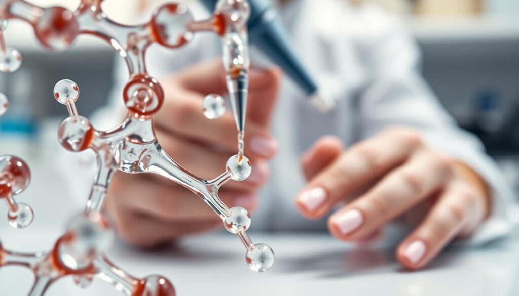 a highly detailed, hyper-realistic, macro photograph of the chemical process involved in the application of acrylic nails, captured in a clean, well-lit laboratory setting with a shallow depth of field. The foreground showcases the molecular structure of the acrylic resin, with individual monomers and polymers clearly visible under a microscope lens. The middle ground features a technician's hands carefully applying the acrylic mixture to a model's natural nails, the liquid-to-solid transformation captured in crisp detail. The background blurs out, leaving the viewer's focus solely on the intricate chemical reaction unfolding before them, conveying a sense of scientific precision and the technical expertise required for professional acrylic nail application. a highly detailed, hyper-realistic, macro photograph of the chemical process involved in the application of acrylic nails, captured in a clean, well-lit laboratory setting with a shallow depth of field. The foreground showcases the molecular structure of the acrylic resin, with individual monomers and polymers clearly visible under a microscope lens. The middle ground features a technician's hands carefully applying the acrylic mixture to a model's natural nails, the liquid-to-solid transformation captured in crisp detail. The background blurs out, leaving the viewer's focus solely on the intricate chemical reaction unfolding before them, conveying a sense of scientific precision and the technical expertise required for professional acrylic nail application.