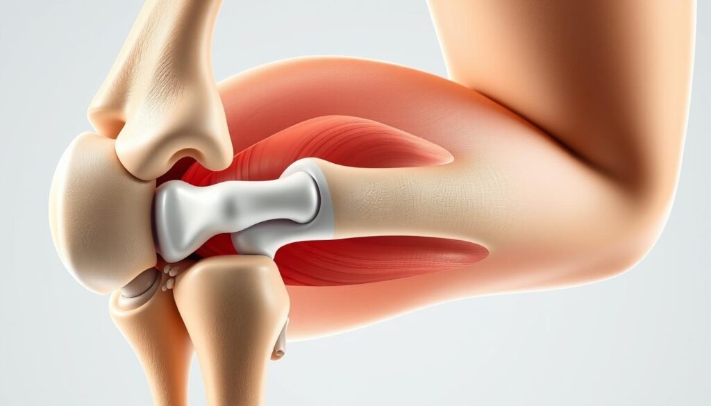 a highly detailed, hyper-realistic medical illustration of the internal anatomy of the human knee, viewed from the side, with the skin and muscle layers removed to reveal the underlying bone, ligaments, tendons, and other anatomical structures. the image should be brightly lit from the side, with a clean, clinical, and educational aesthetic, showcasing the intricate details of the knee joint in a visually striking and informative manner.