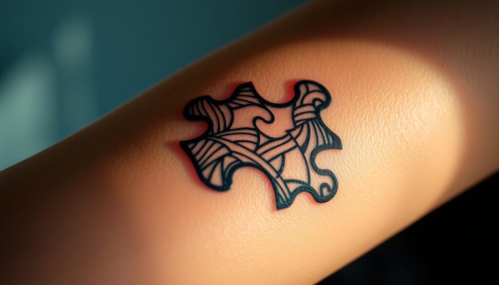 a highly detailed, hyper-realistic tattoo design of a puzzle piece on a human arm, showcasing intricate patterns and textures within the puzzle piece shape, with soft, warm lighting illuminating the skin and casting subtle shadows, creating a sense of depth and dimension, the puzzle piece symbolizing the complex nature of autism and the uniqueness of each individual, the design executed with a delicate, precise line work and a sophisticated color palette, capturing the symbolic significance and artistic expression of this iconic autism awareness tattoo