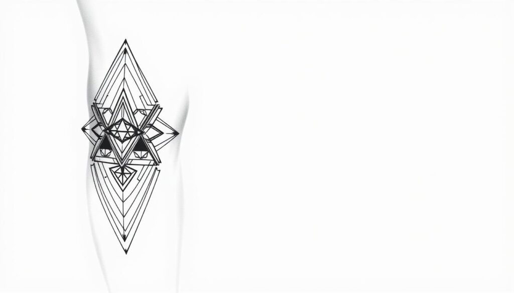 a highly detailed, photorealistic digital illustration of a striking geometric knee tattoo design, showcasing intricate, angular patterns and abstract shapes in a sleek, minimalist style. The tattoo is depicted against a clean, white background, with careful attention to the contours and shadows of the knee joint, creating a sense of depth and dimensionality. The design features a harmonious balance of geometric elements, such as sharp lines, triangles, and polygons, arranged in a visually captivating and symmetrical composition. The overall mood is one of modern sophistication and understated elegance, perfectly suited for the "Geometric and Abstract Knee Designs" section of the article.