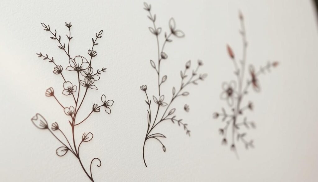 a highly detailed, photorealistic digital illustration of nature-inspired floral tattoo designs, featuring intricate, hand-drawn arrangements of delicate flowers, leaves, and vines, with a focus on soft, organic textures and a muted, earthy color palette, set against a clean, white background that allows the designs to take center stage, lit from the side to create depth and dimension, captured from a close, slightly elevated angle to showcase the fine details and craftsmanship of the tattoos