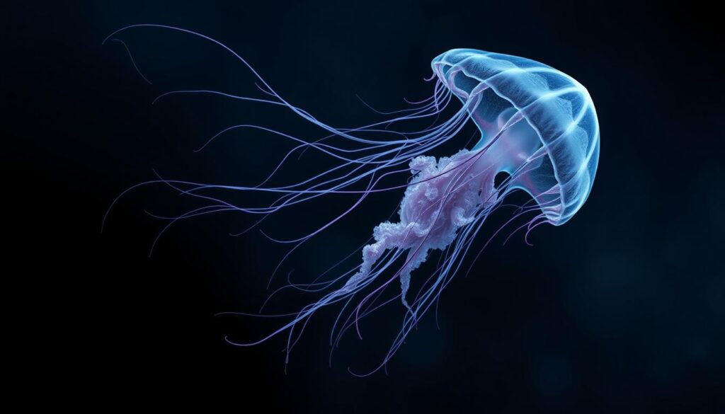 a highly detailed, photorealistic illustration of a jellyfish tattoo design, featuring a graceful, translucent jellyfish with long, flowing tentacles in shades of blue and purple, floating against a dark, moody background with a sense of depth and dimension. The jellyfish is the focal point, occupying the middle ground, with a subtle, atmospheric lighting that highlights the intricate patterns and textures of the creature's body. The overall composition conveys a sense of movement, mystery, and the sublime beauty of the natural world, making it a captivating and visually striking tattoo design.