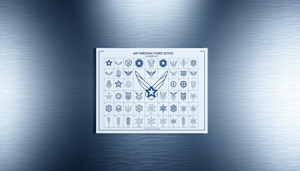 a highly detailed, photorealistic image of an air force space force tattoo design guideline, featuring a clean, minimalist layout with a sleek, futuristic aesthetic. the design is prominently displayed in the center, with a precise grid-like arrangement of various tattoo pattern and placement options, showcasing the intricate rules and regulations governing air force and space force body art. the background is a cool-toned, brushed metal texture, conveying a sense of professionalism and military precision. crisp, evenly distributed lighting illuminates the design elements, creating depth and dimension. the overall mood is one of order, discipline, and technical sophistication.