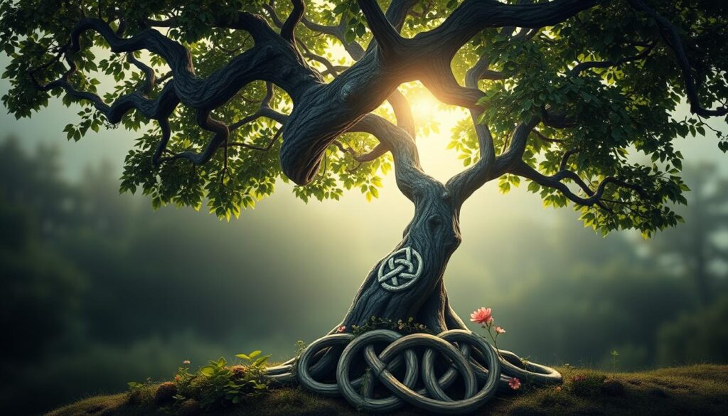 a highly detailed, realistic, and beautifully rendered digital illustration of a Celtic tree of life symbol. The tree features a thick, gnarled trunk with intricate Celtic knot patterns carved into the bark. Lush, verdant foliage spreads out from the branches, casting a soft, dappled light across the scene. In the foreground, Celtic knotwork forms an elegant, intertwining pattern around the base of the tree, with delicate vines and flowers winding through the design. The background is blurred and hazy, allowing the tree to be the focal point, with a moody, atmospheric lighting that evokes a sense of timeless, mystical wonder. The overall composition is balanced and harmonious, capturing the deep spiritual significance of the Celtic tree of life.