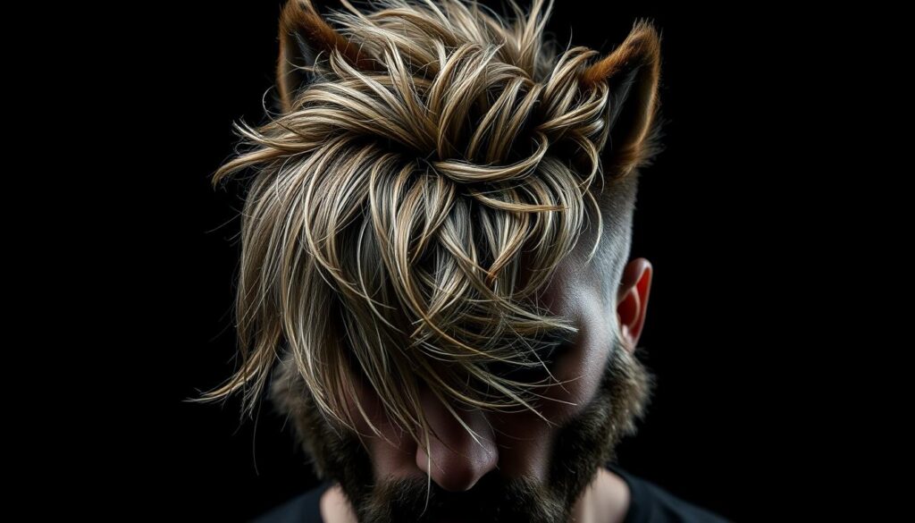 a highly detailed, realistic, and textured image of a wolf cut hairstyle, captured in a dramatic and moody lighting setup. The foreground features the lush, layered and textured hair, with strands falling across the face in a fierce, windblown style. The middle ground showcases the intricate, shaggy, and slightly asymmetric nature of the wolf cut, highlighting the bold, edgy, and dynamic feel of the hairstyle. The background is a dark, shadowy environment, creating a sense of mystery and intensity. The overall image conveys the fierce, bold, and unapologetic essence of the wolf cut trend, perfectly capturing the introduction to this striking and contemporary hairstyle.