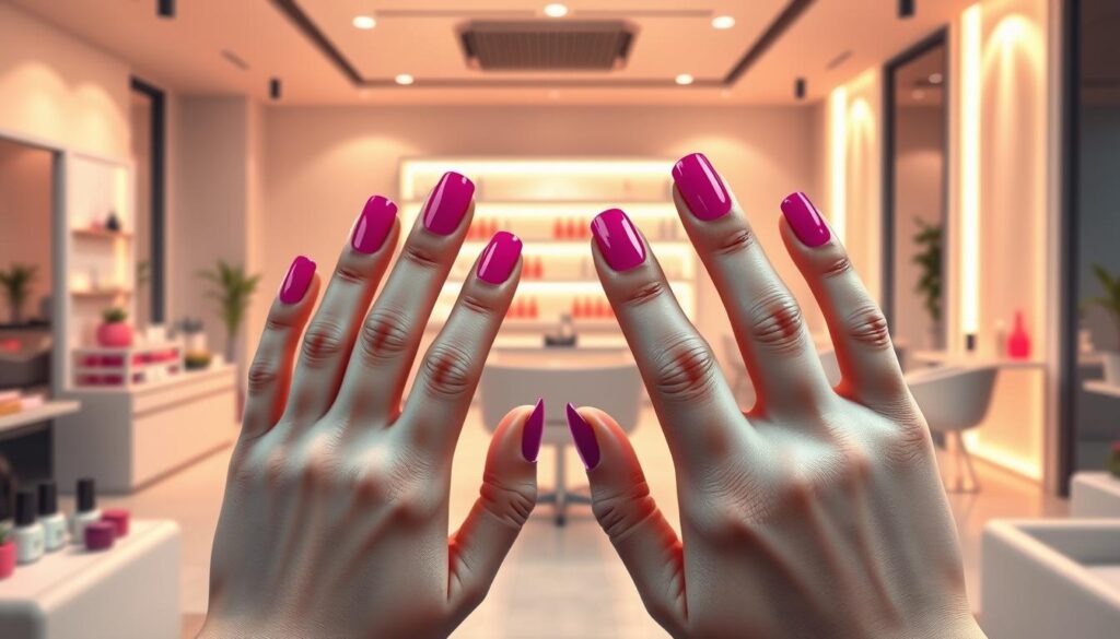 a highly detailed, realistic, and visually striking digital illustration of the increasing popularity of gel manicures. The foreground features a woman's hands, perfectly manicured with a glossy, vibrant gel polish in a trendy color. The middle ground showcases a salon setting, with an array of nail polish bottles, tools, and other accoutrements associated with gel manicure services. The background depicts a stylized, modern, and minimalist interior design, with clean lines, neutral tones, and subtle lighting that creates a warm, inviting atmosphere. The overall composition conveys a sense of elegance, sophistication, and the growing appeal of gel manicures as a sought-after beauty treatment.