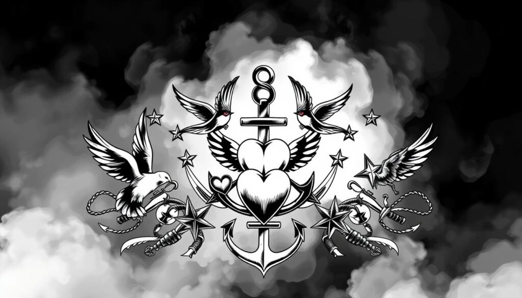 a highly detailed, realistic, black and white illustration of american traditional tattoo symbolism, featuring a central arrangement of classic tattoo iconography such as swallows, anchors, hearts, daggers, and nautical stars, arranged in a visually striking and harmonious composition. the foreground should be sharply in focus, with a soft, hazy background that creates a sense of depth and atmosphere. the lighting should be dramatic and contrasty, with areas of deep shadow and bright highlights to emphasize the bold, graphic nature of the tattoo designs. the overall mood should be one of timeless, rugged Americana, capturing the essence of this iconic tattoo style.