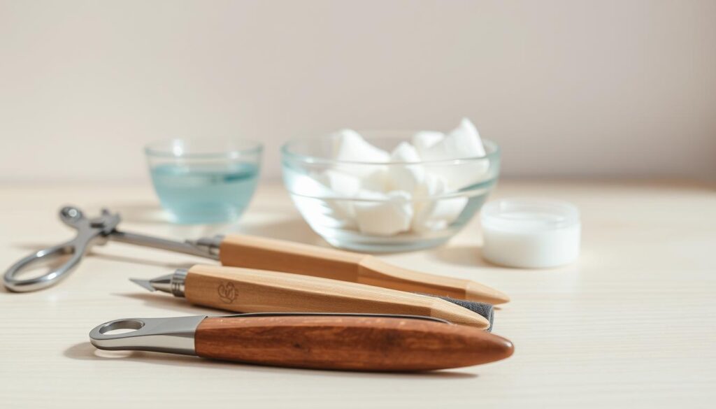 a highly detailed, realistic close-up still life image of nail preparation tools arranged on a light-colored wooden surface. The foreground features a set of nail clippers, nail file, cuticle pusher, and nail buffer in muted shades of metal and wood. The middle ground shows a glass dish filled with cotton pads and a small bowl of nail polish remover. In the background, a soft, neutral-toned backdrop creates a calming, minimalist atmosphere. The lighting is natural and diffused, casting soft shadows and highlighting the textures of the tools. The angle is slightly elevated to provide an unobstructed view of the arrangement, emphasizing the organization and functionality of the items. a highly detailed, realistic close-up still life image of nail preparation tools arranged on a light-colored wooden surface. The foreground features a set of nail clippers, nail file, cuticle pusher, and nail buffer in muted shades of metal and wood. The middle ground shows a glass dish filled with cotton pads and a small bowl of nail polish remover. In the background, a soft, neutral-toned backdrop creates a calming, minimalist atmosphere. The lighting is natural and diffused, casting soft shadows and highlighting the textures of the tools. The angle is slightly elevated to provide an unobstructed view of the arrangement, emphasizing the organization and functionality of the items.