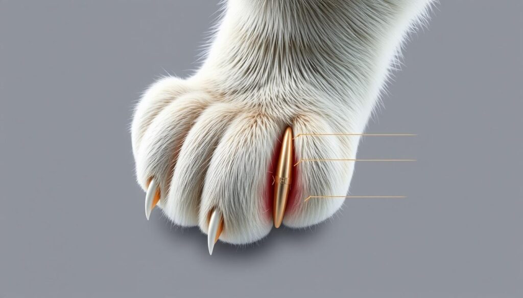 a highly detailed, scientifically accurate diagram of the internal anatomy of a cat's paw, specifically focusing on the claw structure. The image should be rendered in a clean, technical style with a neutral, clinical lighting setup, providing a clear, unobstructed view of the claw's key components, such as the nail bed, nail matrix, and retractable mechanism. The perspective should be a cross-section or cutaway view, allowing the viewer to see the intricate inner workings of the cat's claw in precise detail. The overall tone should be educational and informative, suitable for use in a veterinary or scientific publication. a highly detailed, scientifically accurate diagram of the internal anatomy of a cat's paw, specifically focusing on the claw structure. The image should be rendered in a clean, technical style with a neutral, clinical lighting setup, providing a clear, unobstructed view of the claw's key components, such as the nail bed, nail matrix, and retractable mechanism. The perspective should be a cross-section or cutaway view, allowing the viewer to see the intricate inner workings of the cat's claw in precise detail. The overall tone should be educational and informative, suitable for use in a veterinary or scientific publication.