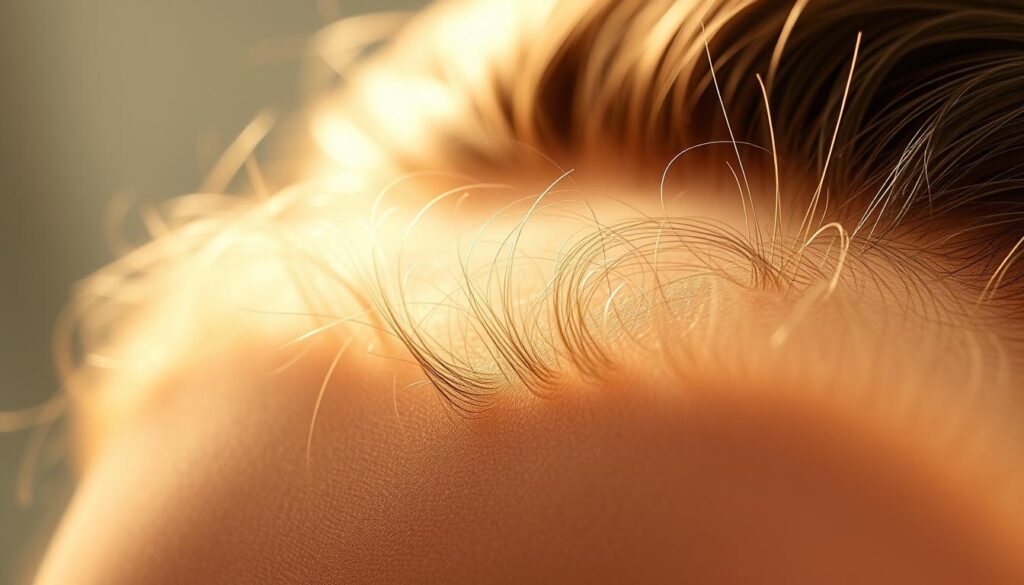 a highly detailed, ultra-realistic close-up photograph of a premium quality HD Swiss lace hairline with a natural, seamless blend into the skin, lit by soft, warm lighting that accentuates the delicate texture and fine hairs, captured with a high-resolution camera lens at a shallow depth of field to create a visually stunning and alluring focus on the hairline