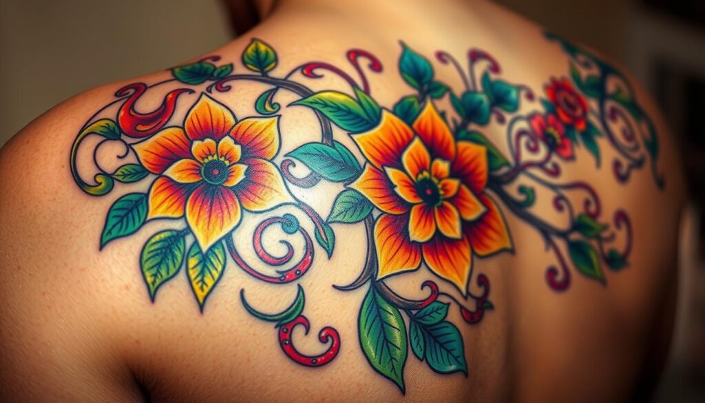 a highly detailed, vibrant, and colorful tattoo design, featuring a large and intricate floral motif with swirling vines, petals, and leaves in a wide range of vivid hues including reds, oranges, yellows, greens, blues, and purples. The tattoo is shown on a realistic human skin texture, with a subtle skin texture and pores visible. The lighting is soft and diffused, creating a warm and inviting atmosphere. The angle showcases the full tattoo design in a flattering perspective, with a clean and uncluttered background that allows the colorful artwork to take center stage.