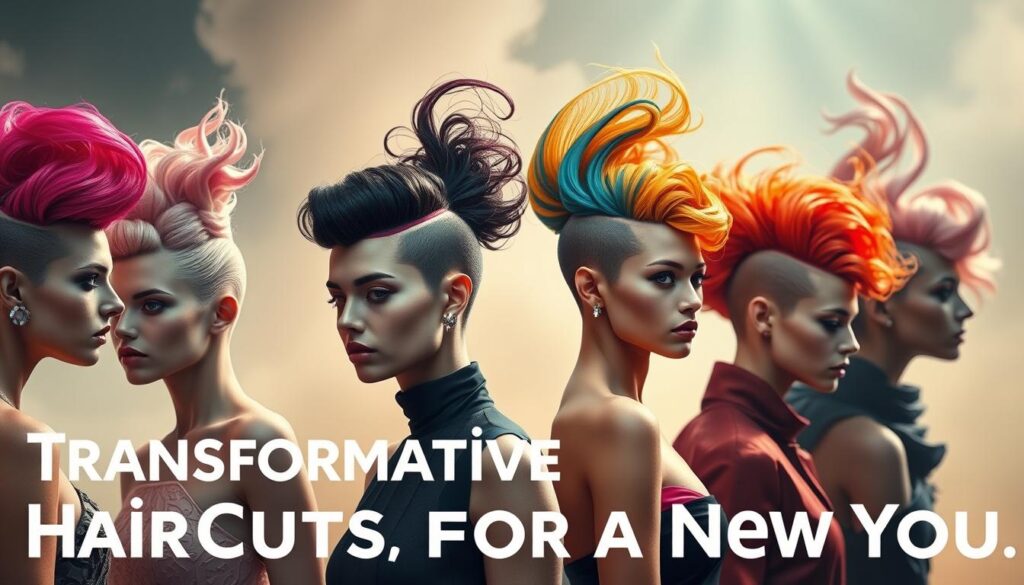 a highly stylized and visually striking image of transformative haircuts for women, showcasing a range of bold, avant-garde, and visually captivating hairstyles. In the foreground, a diverse group of models with vibrant, sculptural hairstyles, each one a work of art, ranging from futuristic geometric designs to organic, flowing silhouettes. The middle ground features a softer, ethereal backdrop, with a soft focus and delicate lighting, creating a dreamlike, almost surreal atmosphere. The background is hazy and atmospheric, with subtle gradients and textures that complement the striking hairstyles in the foreground. The overall mood is one of transformation, creativity, and a sense of empowerment, perfectly capturing the essence of the "Transformative Hair Cuts for a New You" section. a highly stylized and visually striking image of transformative haircuts for women, showcasing a range of bold, avant-garde, and visually captivating hairstyles. In the foreground, a diverse group of models with vibrant, sculptural hairstyles, each one a work of art, ranging from futuristic geometric designs to organic, flowing silhouettes. The middle ground features a softer, ethereal backdrop, with a soft focus and delicate lighting, creating a dreamlike, almost surreal atmosphere. The background is hazy and atmospheric, with subtle gradients and textures that complement the striking hairstyles in the foreground. The overall mood is one of transformation, creativity, and a sense of empowerment, perfectly capturing the essence of the "Transformative Hair Cuts for a New You" section.