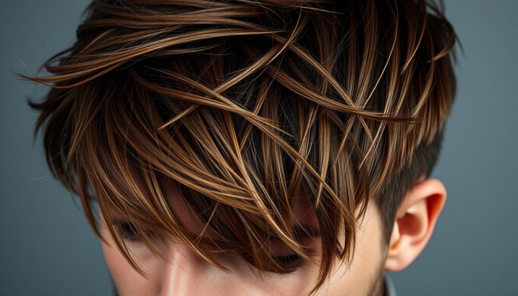 a hyper-realistic close-up shot of a man's head, perfectly showcasing a wolf cut hybrid hairstyle - the top and front sections have long, shaggy, voluminous layers that flow dynamically, blending seamlessly into shorter, tighter sides and back. The hair is a rich, warm brown color with natural highlights, conveying a rugged yet stylish aesthetic. The lighting is soft and directional, creating subtle shadows that accentuate the textural details of the hair. The subject's facial features are partially obscured, keeping the focus on the striking hairstyle. The overall mood is one of effortless, masculine appeal.
