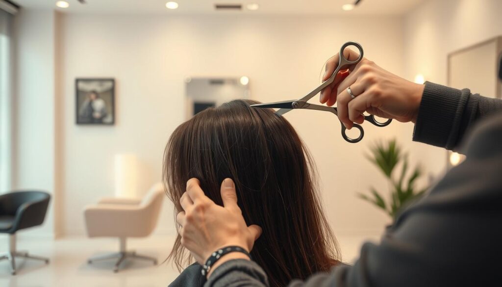 a hyper-realistic, high-resolution image of a person getting a fresh haircut in a modern, well-lit salon. The foreground shows the hairstylist carefully trimming the client's hair with professional shears, their hands and tools in sharp focus. The middle ground depicts the client sitting comfortably in the salon chair, their face serene as they observe the process in the salon mirror. The background showcases the clean, minimalist aesthetic of the salon, with sleek furniture, neutral tones, and subtle wall decor. Warm, diffused lighting creates a calming, spa-like atmosphere. The overall scene conveys the importance of regular hair maintenance for achieving and preserving a stylish, healthy haircut.