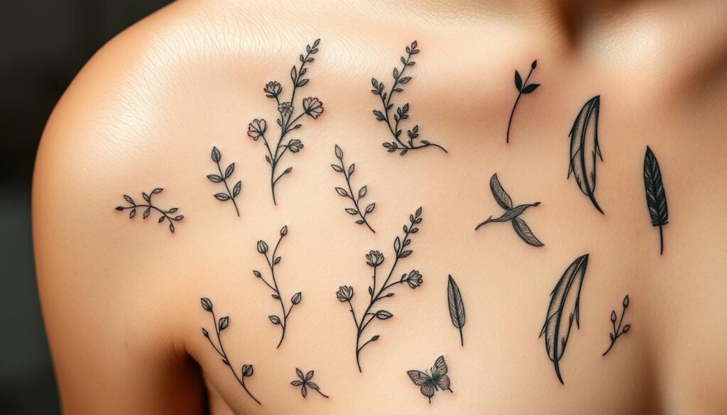 a hyper-realistic, highly detailed, close-up composition of delicate, nature-inspired tattoo designs, showcasing a variety of organic motifs such as delicate floral patterns, intricate leaf and vine arrangements, whimsical feathers, and minimalist wildlife silhouettes, all rendered in a soft, muted color palette with subtle shading and texture to evoke the natural aesthetic, set against a clean, white background with dramatic, directional lighting from the upper left to accentuate the fine lines and intricate details of the tattoo designs, capturing the beauty and versatility of nature-themed body art.