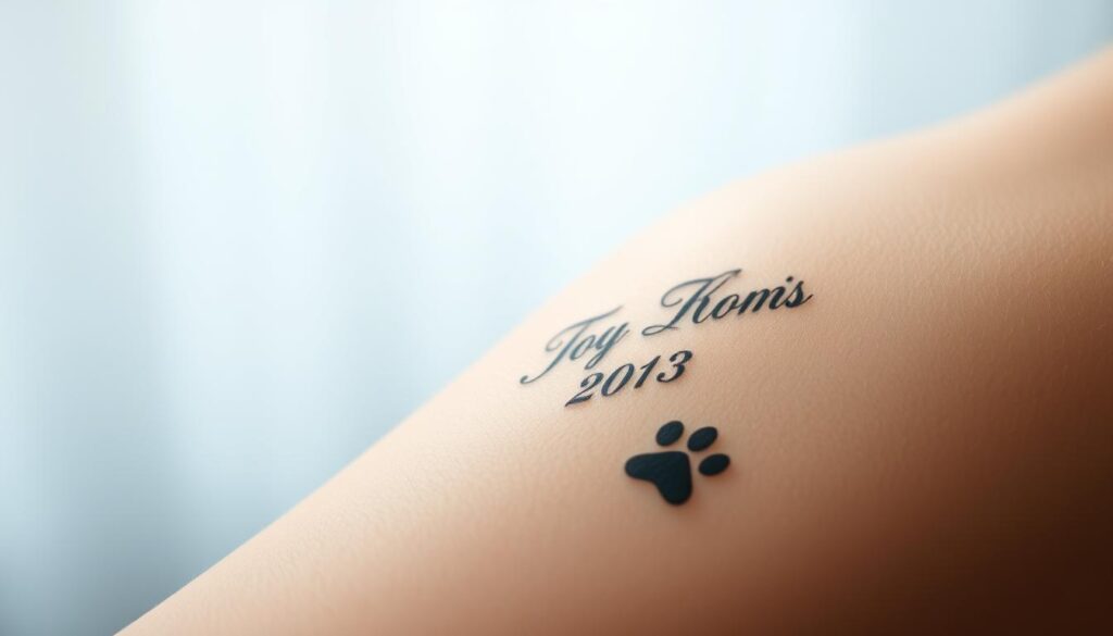 a hyper-realistic portrait of a dog memorial tattoo, with a small paw print or dog silhouette in the foreground, set against a soft, blurred background featuring a date and the dog's name in a cursive, elegant font. The tattoo design is rendered in a delicate, lifelike style, capturing the intricate details of the ink on skin. The lighting is gentle, creating a somber, reflective mood, as if the tattoo is a heartfelt tribute to a beloved canine companion. The overall composition conveys a sense of reverence and meaningful remembrance.