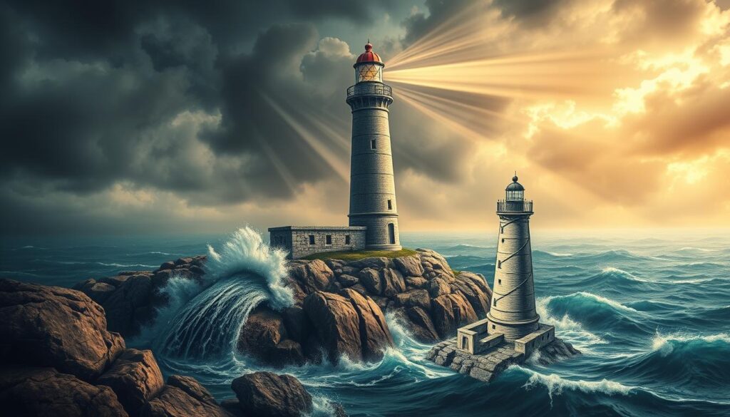 a lighthouse standing tall and proud on a rocky cliff, the beams of its powerful light sweeping across the restless waves of a stormy sea. The lighthouse is rendered in a realistic, hyper-detailed style, its intricate architecture and weathered stone facade capturing the rugged, timeless essence of this maritime icon. The scene is illuminated by a dramatic, moody lighting, with rays of sunlight piercing through the thick, swirling clouds above. In the foreground, a detailed tattoo of the lighthouse design is prominently displayed, its lines crisp and bold, the details mirroring the real-life structure with meticulous precision. The overall atmosphere conveys a sense of strength, resilience, and the eternal connection between humankind and the sea.