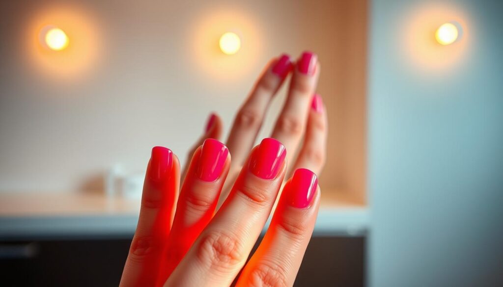 a long-lasting gel manicure, perfectly shaped nails with a glossy, mirror-like finish, illuminated by warm, diffused lighting that casts soft shadows, capturing the allure and benefits of this popular nail treatment. The nails are arranged in the foreground, occupying a central position, showcasing the vibrant color and impeccable application. The middle ground features a softly blurred, elegant hand gesture, accentuating the well-groomed appearance. In the background, a neutral, minimalist setting allows the nails to be the focal point, emphasizing the sense of luxury and pampering associated with gel manicures.