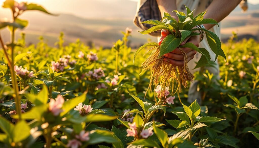 a lush, verdant field of henna plants in the foreground, their leaves a vibrant green and delicate pink blooms, bathed in warm, golden sunlight. In the middle ground, a group of henna leaves are being carefully harvested, their stems gently plucked by the hands of a skilled artisan. The background showcases a serene, natural landscape, with rolling hills and a distant horizon, creating a tranquil and organic atmosphere. The scene is captured with a shallow depth of field, emphasizing the beauty and texture of the henna plants, and conveying a sense of the care and attention required to cultivate this natural dye. a lush, verdant field of henna plants in the foreground, their leaves a vibrant green and delicate pink blooms, bathed in warm, golden sunlight. In the middle ground, a group of henna leaves are being carefully harvested, their stems gently plucked by the hands of a skilled artisan. The background showcases a serene, natural landscape, with rolling hills and a distant horizon, creating a tranquil and organic atmosphere. The scene is captured with a shallow depth of field, emphasizing the beauty and texture of the henna plants, and conveying a sense of the care and attention required to cultivate this natural dye.