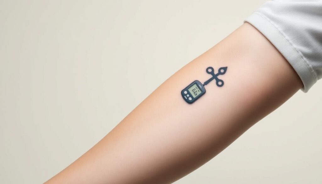 a medical-themed image of a person's arm with a tattoo related to diabetes management, shot with a medium close-up lens in soft, natural lighting against a plain, neutral background. The tattoo should feature a simple, clean design that conveys the concept of diabetes care, such as a medical symbol, insulin pump, or blood glucose monitoring device. The overall mood should be informative and reassuring, conveying the message of tattoo safety for individuals with diabetes.