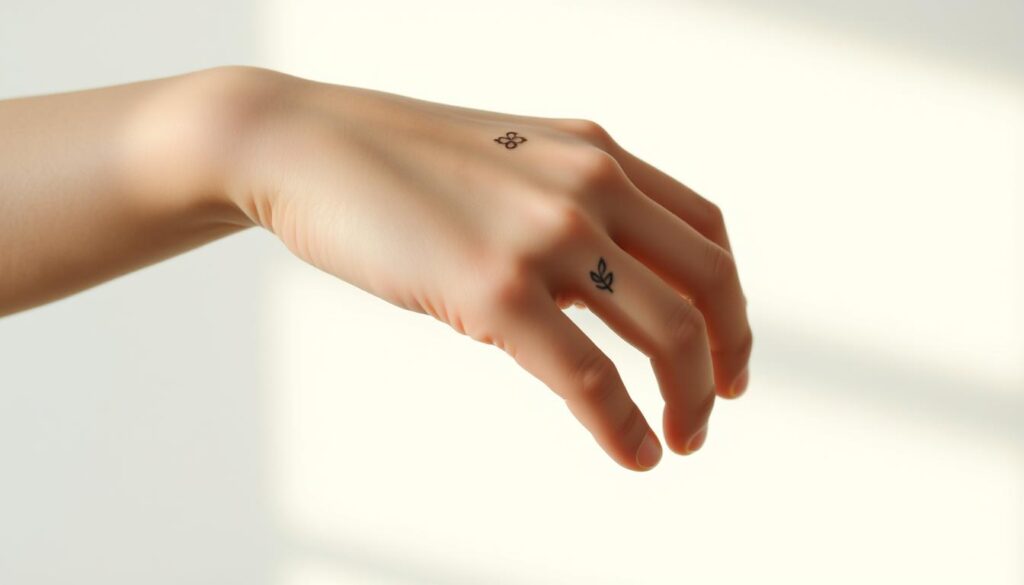 a minimalist hand with delicate, feminine finger tattoos in a soft, natural lighting. the tattoos are simple line designs, geometric patterns, and subtle floral motifs. the hand is posed gracefully, with the fingers slightly curled, against a plain, uncluttered background that allows the tattoos to be the focal point. the overall mood is elegant, understated, and visually striking.