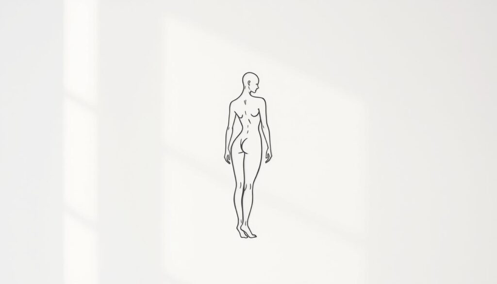 a minimalist line art tattoo of an abstract human body on a plain background, with soft, natural lighting creating a serene, minimalist atmosphere. the tattoo design should feature clean, elegant lines that gracefully capture the essence of the human form in a stylized, abstract manner. the overall composition should convey a sense of simplicity, balance, and introspection, reflecting the core themes of small, meaningful tattoos.