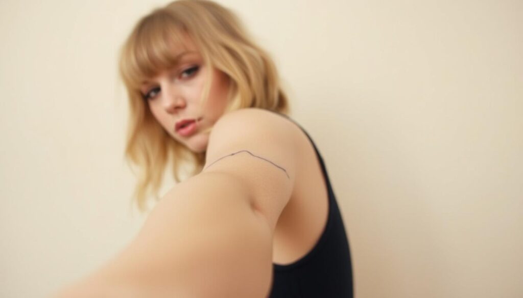 a photo of taylor swift's temporary tattoo on her left forearm, visible against a soft, diffused lighting background. the tattoo is a delicate, abstract design in a muted, pastel color palette. the foreground focuses on the intricate linework and shading of the tattoo, with a slight blur to emphasize the ephemeral nature of a temporary skin marking. the middle ground shows taylor's arm in a relaxed, natural pose, and the background is a warm, neutral tone that creates a sense of intimacy and simplicity, allowing the tattoo to be the central focus of the image.