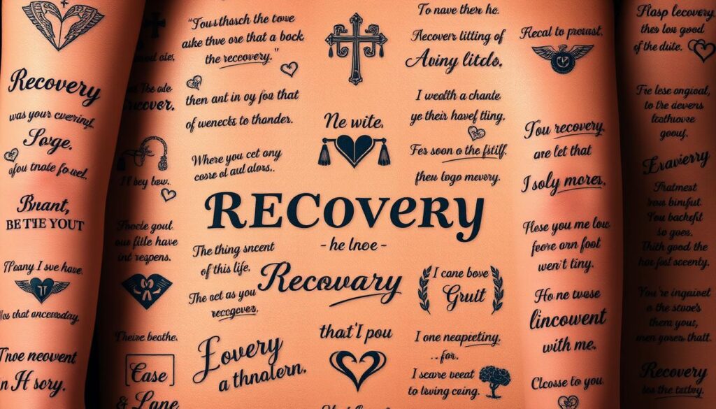 a photo of various meaningful recovery tattoos in a visually compelling arrangement, such as a collage or mosaic, with a focus on the text and symbols that represent themes of healing, resilience, and hope. The tattoos should be depicted in a realistic, high-resolution style, with attention to details like ink and skin textures. The lighting should be soft and warm, creating a soothing, contemplative atmosphere. The composition should be balanced and aesthetically pleasing, showcasing the beauty and significance of these personal expressions of recovery.