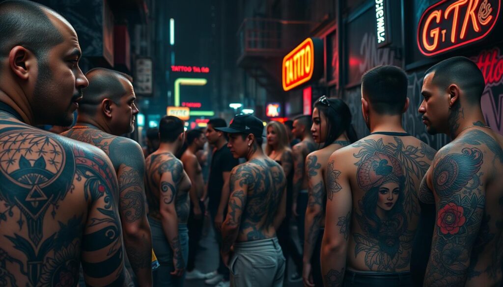 a photo-realistic, highly detailed, cinematic landscape depicting the evolution of tattoo culture, showcasing various tattoo styles and techniques throughout history. In the foreground, a series of intricate tattoo designs are prominently displayed, including traditional Polynesian patterns, Japanese-inspired imagery, and contemporary minimalist ink work. The middle ground features a diverse group of individuals, each with unique tattoos that reflect their personal stories and cultural backgrounds. In the background, a dimly lit, moody cityscape serves as a backdrop, with neon signs and graffiti-covered walls hinting at the urban subcultures that have embraced and transformed tattoo art over time. The scene is illuminated by warm, dramatic lighting, creating a sense of depth and atmosphere that captures the rich tapestry of tattoo culture's past, present, and future.
