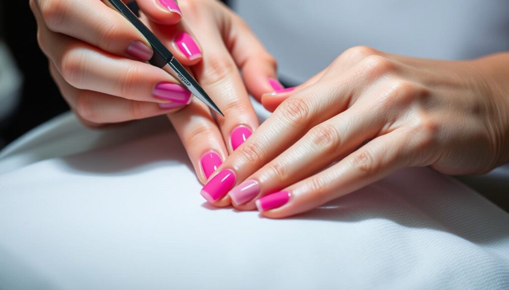 a professional close-up shot of a woman's hands getting a gel manicure, with the focus on the various steps of the process - from filing and shaping the nails, to applying the base coat, gel polish, and top coat, all under bright, even lighting that highlights the textures and details. The hands are positioned against a clean, minimalist background that allows the manicure process to be the central focus. The overall mood is one of precision, care, and the satisfying transformation of the nails.