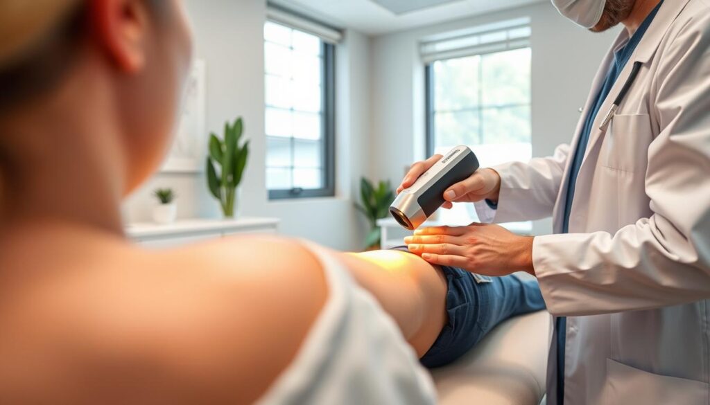 a professional medical office setting, a patient sitting comfortably on an examination table, a doctor or technician standing nearby holding a handheld laser device, close-up view focused on the laser and the patient's skin, diffused natural lighting from large windows, a sense of trust and care between the patient and the medical professional, clean and sterile medical environment with minimalist decor, conveying the step-by-step procedure of laser tattoo removal in a reassuring and informative manner