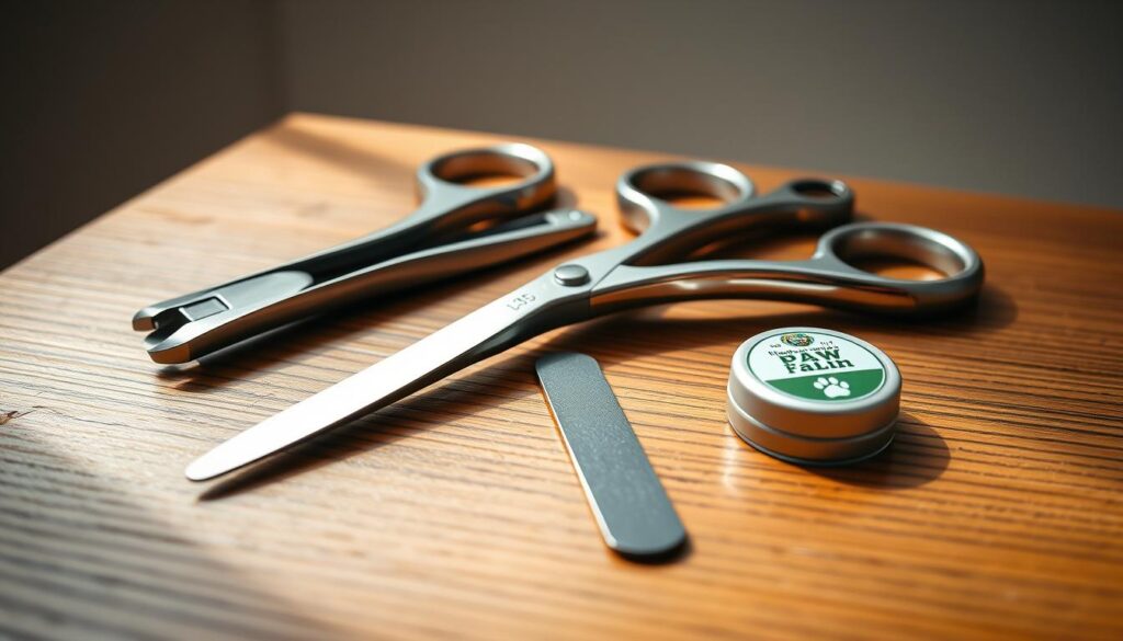 a professional still life photograph of dog nail trimming tools arranged on a wooden table, with soft natural lighting and a minimalistic background. the tools include sharp stainless steel dog nail clippers, a nail file, and a small dog paw treatment balm. the tools are laid out neatly and purposefully, conveying a sense of preparation and care for the dog's well-being. the image has a warm, inviting tone that suggests the importance of properly grooming a dog's nails for their comfort and health.