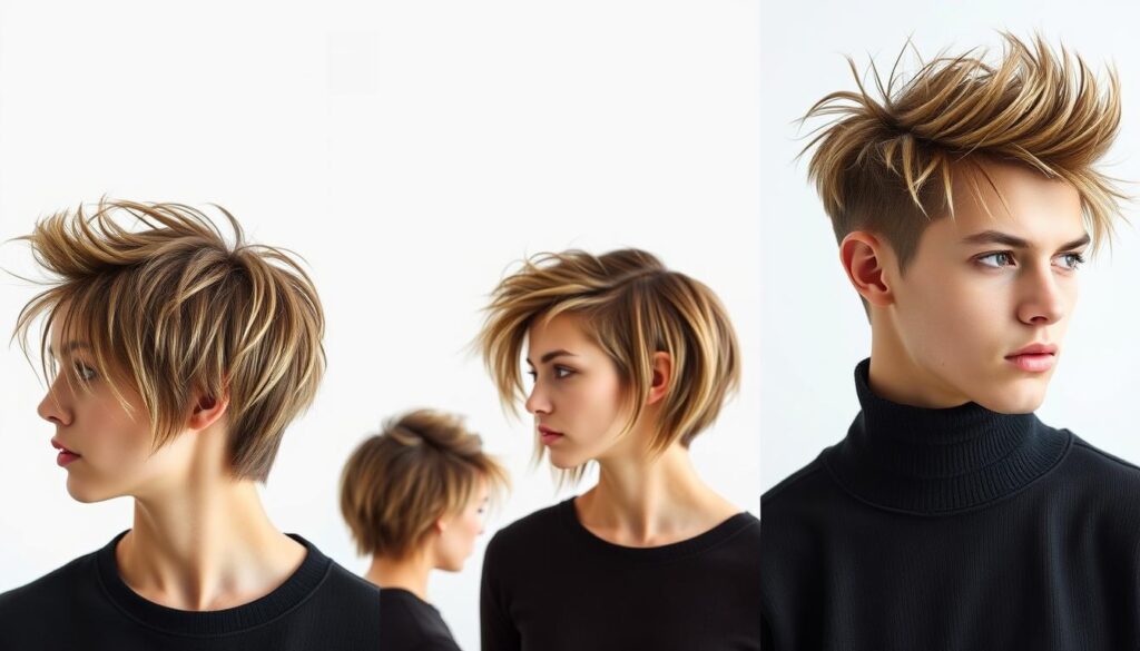 a series of detailed portraits showcasing the evolution of the wolf cut hairstyle, featuring various models with fine, thin hair. The foreground highlights close-up shots of the layered, shaggy haircuts from different angles, capturing the textured, wispy ends and voluminous, tapered silhouette. The middle ground depicts the models in natural lighting, emphasizing the movement and flow of the wolf cut. The background provides a minimalist, clean setting to allow the hairstyles to take center stage. The overall mood is one of effortless, contemporary style and the images convey the versatility and transformative nature of this iconic haircut.