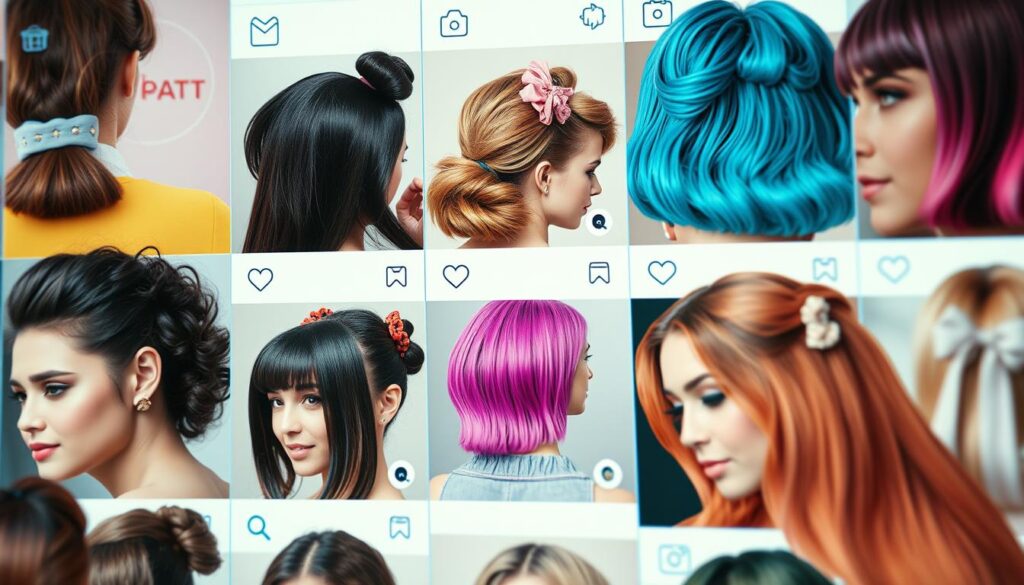 a social media feed full of trending hairstyles, with close-up shots of stylish haircuts, vibrant hair colors, and fashionable accessories like hair clips and scrunchies, all set against a backdrop of a minimalist, pastel-colored interface with icons and interfaces reminiscent of popular social media apps, captured with a crisp, high-resolution camera lens that emphasizes the intricate details and textures of the hair, creating an immersive and visually captivating representation of the impact of social media on modern hair trends
