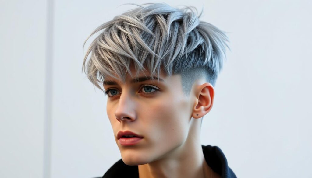 a striking and stylish wolf cut hairstyle, showcasing the latest 2025 trend. the model has a bold, layered haircut with shaggy, textured strands framing their face. the hair has a cool, silver-grey hue with subtle highlights. the lighting is soft and flattering, casting a gentle glow on the model's features. the background is a minimalist, modern setting, allowing the hairstyle to take center stage. the overall mood is one of effortless cool and contemporary flair, capturing the essence of the wolf cut's rise in popularity.