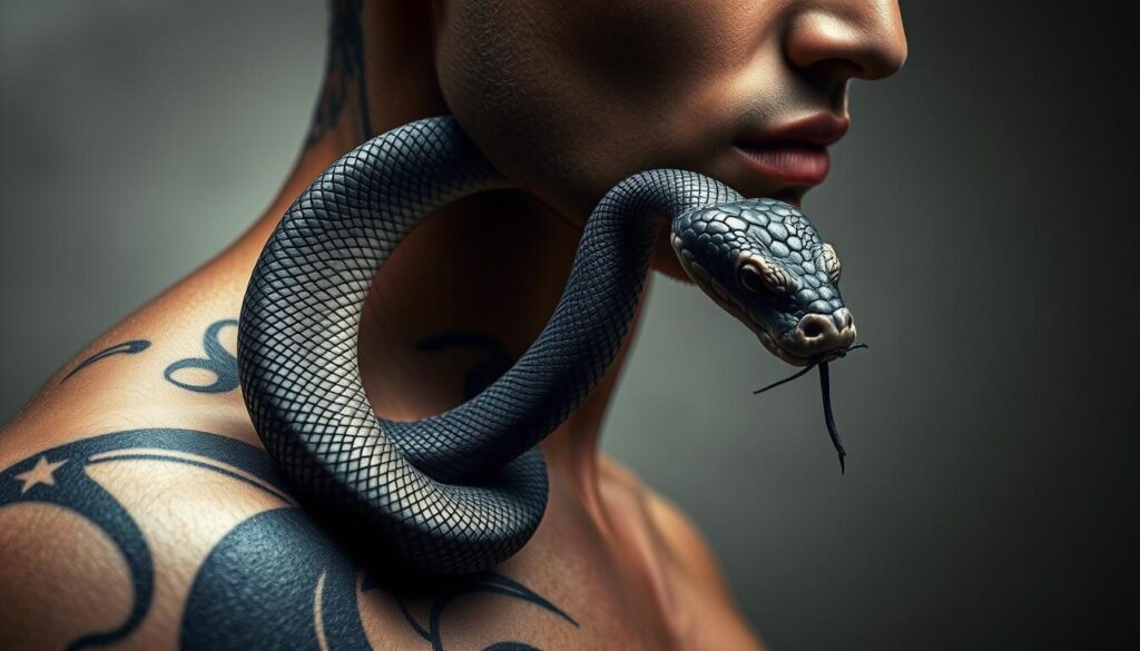 a striking close-up portrait of a snake tattoo, featuring intricate coils and scales rendered in photorealistic detail. The serpent's body twists elegantly against a neutral, slightly out-of-focus background, emphasizing the tattoo's bold, captivating design. The lighting is dramatic, with dramatic shadows and highlights accentuating the tattoo's depth and texture. The overall composition is well-balanced, drawing the viewer's eye directly to the striking, animal-inspired tattoo design.