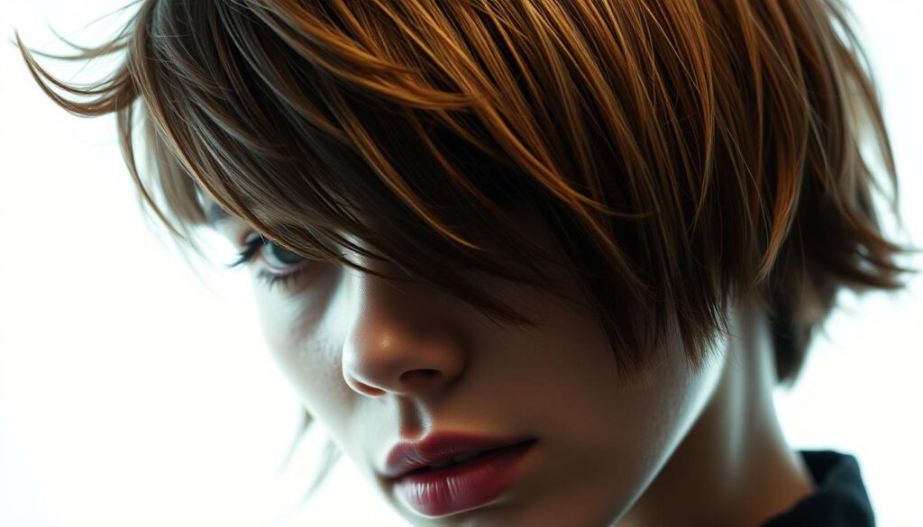 a striking portrait of the iconic wolf cut hairstyle, showcasing its popularity and appeal. The image depicts a close-up view of a model's head, with the wolf cut's signature layers and textured bangs framing their face in a stylish and modern way. The lighting is soft and diffused, creating a warm and inviting atmosphere that highlights the hairstyle's subtle nuances and dimensional qualities. The model's expression is confident and alluring, conveying the bold and trendsetting nature of the wolf cut. The background is blurred, allowing the hairstyle to take center stage and command the viewer's attention. This visually captivating image perfectly encapsulates the essence of the wolf cut trend and its growing popularity in the fashion and beauty landscape.
