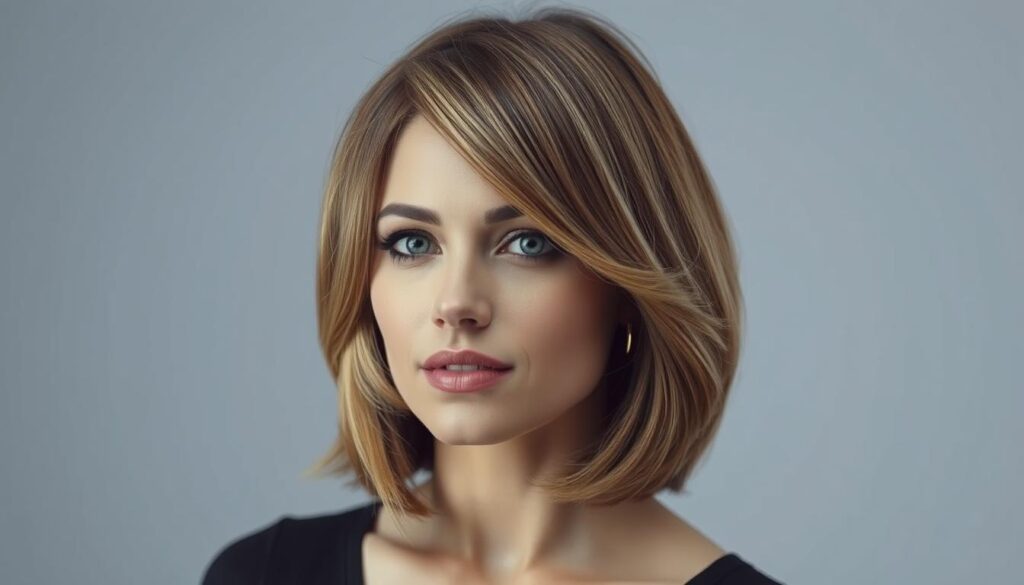 a stylish woman with a round face, wearing a flattering medium-length haircut with soft layers and volume around the crown, creating a visually balanced and harmonious appearance. The lighting is soft and diffused, highlighting the texture and shine of the hair. The background is a simple, minimalist studio setting, keeping the focus on the hairstyle and facial features. The overall mood is polished, elegant, and showcases the best features of a round face shape. a stylish woman with a round face, wearing a flattering medium-length haircut with soft layers and volume around the crown, creating a visually balanced and harmonious appearance. The lighting is soft and diffused, highlighting the texture and shine of the hair. The background is a simple, minimalist studio setting, keeping the focus on the hairstyle and facial features. The overall mood is polished, elegant, and showcases the best features of a round face shape.