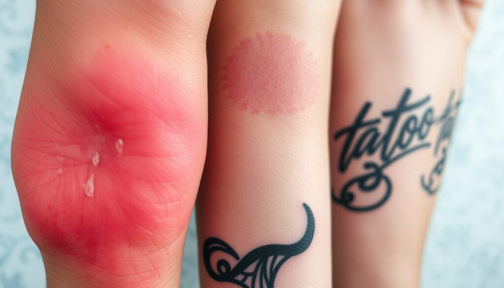a tattoo healing timeline, showing the progression of a tattoo from fresh ink to fully healed. a close-up view of a forearm, featuring a black and gray tattoo design. the skin in the foreground is angry red and slightly swollen, with a thin layer of protective ointment glistening. the middle ground shows the tattoo a few days later, the redness and swelling reduced, the ink settling into the skin. the background depicts the tattoo fully healed, the colors vibrant and the skin smooth and healthy. the lighting is soft and natural, capturing the tactile details of the healing process. the composition emphasizes the gradual transformation, inviting the viewer to appreciate the care and patience required for a tattoo to reach its final, polished state.