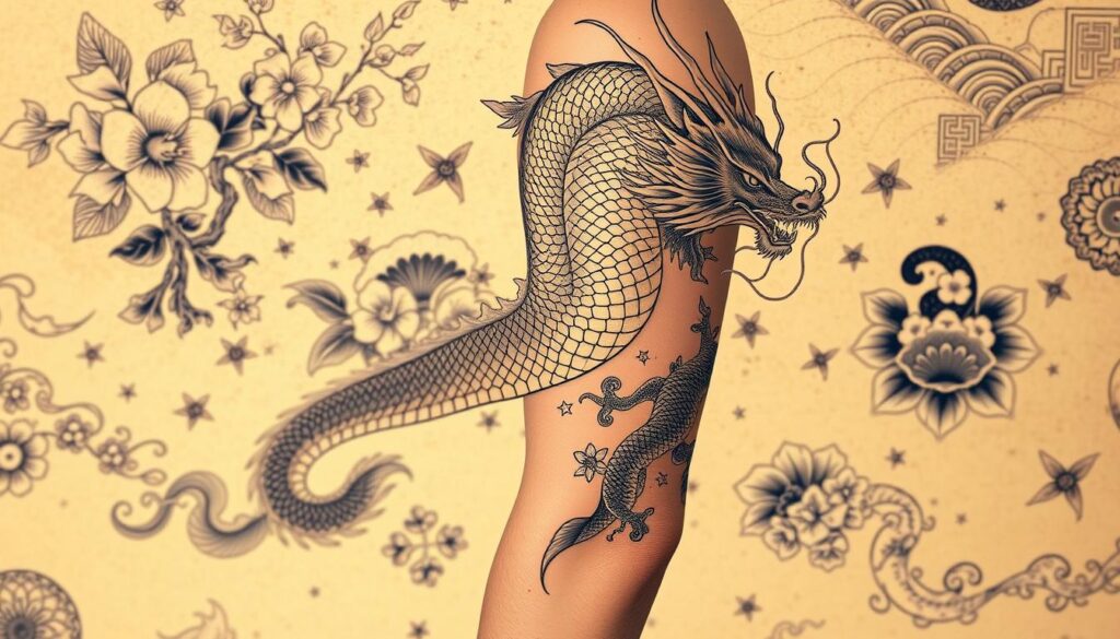 a traditional Japanese tattoo art sleeve, featuring intricate designs and motifs with a rich cultural heritage. In the foreground, a striking dragon winds its way across the skin, its scales shimmering in the soft, warm lighting. In the middle ground, iconic Japanese imagery like cherry blossoms, koi fish, and waves create a cohesive, harmonious composition. The background is filled with delicate, swirling patterns and textures that evoke the timeless artistry of Japanese ink work. The overall scene has a sense of elegance, power, and deep spiritual significance, capturing the essence of this revered form of body art.