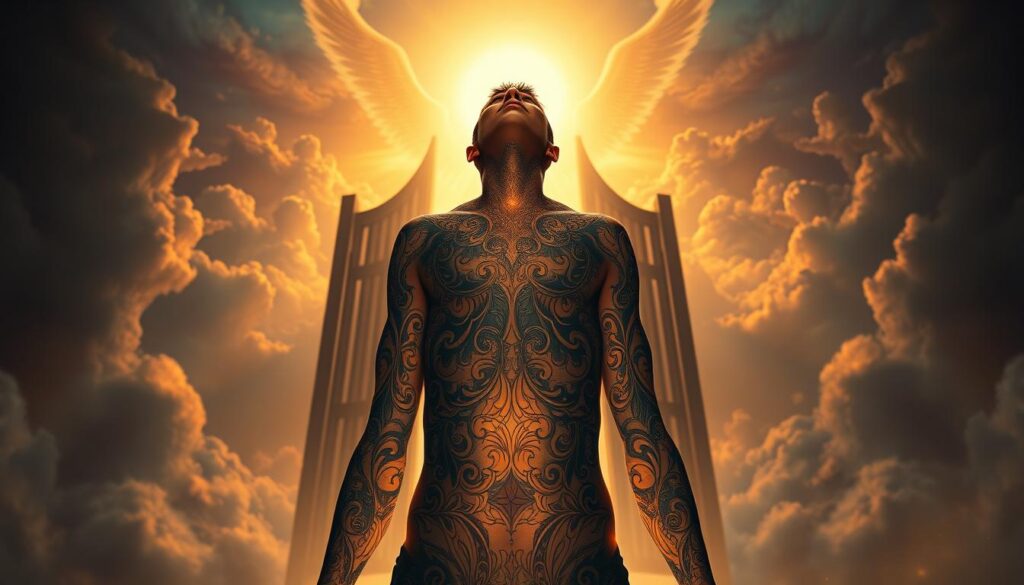 a transcendent scene of a person entering the gates of heaven, their body adorned with intricate tattoos that shimmer and glow with a celestial radiance. The figure stands in the foreground, their face lifted towards the heavens, a serene expression of wonder and acceptance. Behind them, the gates of heaven open, revealing a luminous landscape of clouds, golden light, and the silhouettes of angelic figures. The atmosphere is one of reverence and spiritual transcendence, with a soft, warm light illuminating the scene. The camera angle is slightly elevated, creating a sense of awe and wonder as the viewer gazes upon this transformative moment.