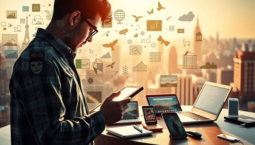 a vibrant and dynamic scene depicting multimedia storytelling, with a central figure in the foreground using a digital tablet to craft a compelling narrative, surrounded by a collage of various visual elements - photographs, illustrations, icons, and data visualizations - that seamlessly integrate to create a captivating and immersive experience. The scene is bathed in warm, natural lighting, with a slightly angled camera perspective to add depth and a sense of movement. In the middle ground, an array of digital devices, such as laptops and smartphones, are arranged in a visually appealing manner, symbolizing the diverse platforms and mediums through which stories can be shared. The background features a soft, blurred cityscape, suggesting the global reach and impact of multimedia storytelling in the modern world.