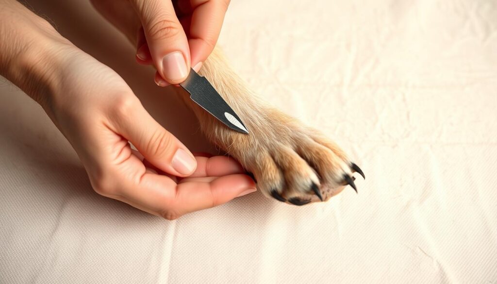 a well-lit, close-up photograph of a person's hands gently holding a dog's paw, examining the nails. the dog's paw is positioned against a soft, neutral-colored surface, providing a clean, uncluttered background. the hands are using a nail clipper or file to carefully trim or file the dog's nails, showcasing the proper technique for maintaining nail health. the lighting is soft and diffused, creating a calming, intimate atmosphere. the image conveys a sense of care, attention, and the importance of regular nail grooming for a dog's overall well-being.