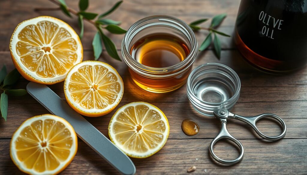 a well-lit, close-up shot of an array of natural ingredients and DIY tools arranged on a wooden table, including lemon slices, olive oil, honey, a nail file, a pair of cuticle scissors, and a small glass bowl. the lighting is soft and diffused, highlighting the textures and colors of the natural elements. the composition is balanced and visually appealing, conveying a sense of simplicity and efficacy for at-home nail care. the overall mood is one of a homely, tranquil, and wellness-focused atmosphere.