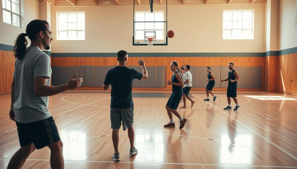 a well-lit indoor basketball court with hardwood floors and pristine white lines, players engaged in a silent game, their movements graceful and controlled, hands communicating intricate signals, the ball gliding through the air without a sound, the net swishing softly as it falls through, the players' faces intense with concentration, a sense of meditation and mindfulness permeating the scene, the court bathed in warm, natural lighting from large windows, the atmosphere serene and focused, capturing the essence of the "silent basketball" experience.
