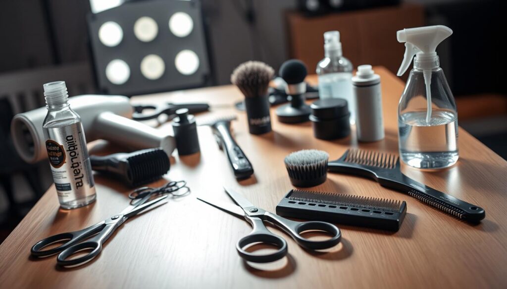 a well-lit studio workspace with an assortment of hairstyling tools and accessories arranged neatly on a sleek wooden table. In the foreground, a pair of professional-grade hairstyling scissors, some hair clips, and a comb sit alongside a bottle of hair texturizing spray. In the middle ground, a handheld hair dryer and a round brush stand ready, while in the background, a set of electric hair clippers and a spray bottle filled with water are visible. The lighting is soft and diffused, creating a warm, inviting atmosphere that sets the stage for a transformative DIY wolf cut experience.
