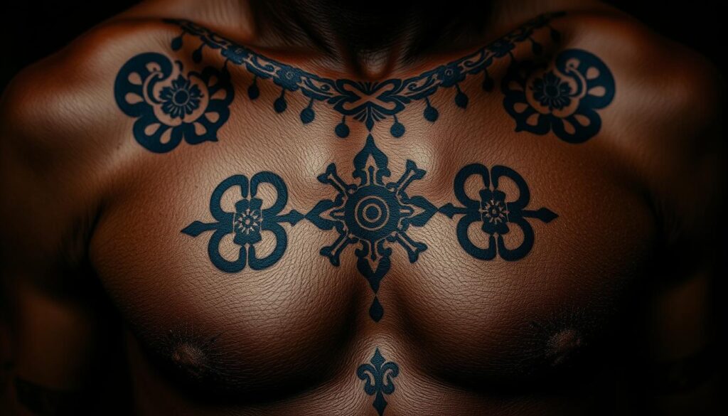 ancient body markings, ornate tribal tattoos and scarification patterns on a human torso, dark contrasting tones, chiaroscuro lighting, dramatic shadows and highlights, tight close-up view, intricate symmetrical designs and symbols, spiritual and mystical motifs, muted earthy color palette, weathered and aged appearance, textured skin with imperfections, moody atmospheric rendering, cinematic quality, realistic portrayal, subtle cinematic camera angle