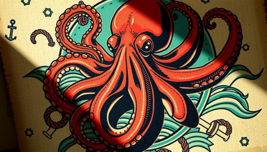 octopus tattoo design, traditional American style, octopus tentacles curling around a nautical themed background, vintage color palette of red, black, and green, octopus body in the center with detailed textures and suckers, tentacles extending out from the sides and wrapping around, classic swirling waves and sailor's knots in the background, subtle grunge texture to the overall piece, dramatic side lighting casting shadows, shot from a low angle to emphasize the octopus's powerful presence, a timeless, bold, and iconic American traditional tattoo design