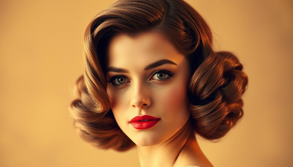 A 1940s-inspired glamorous medium-long hairstyle, beautifully framing the model's face in soft, romantic curls. The lighting is warm and flattering, with a hint of vintage sepia tones. The model's gaze is serene and confident, capturing the timeless elegance of the era. The background is a neutral, soft-focus setting, allowing the focus to remain on the intricate, vintage-inspired hairstyle. This image perfectly encapsulates the vintage glamour and style that women can achieve with the right 1940s-inspired look.