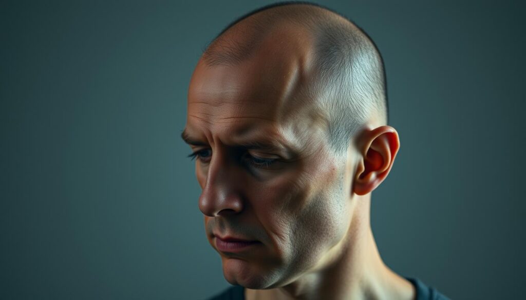 A bald man with a receding hairline, his scalp visible through sparse, wispy strands. His expression is pensive, his gaze averted as he contemplates his changing appearance. The lighting is soft and diffused, creating a somber, introspective mood. The background is muted, allowing the subject to take center stage. The composition is tightly framed, emphasizing the man's vulnerability and the challenges he faces as his hair loss progresses. The image conveys the complex emotions and practical considerations surrounding balding and the need to adapt one's hairstyle choices accordingly.